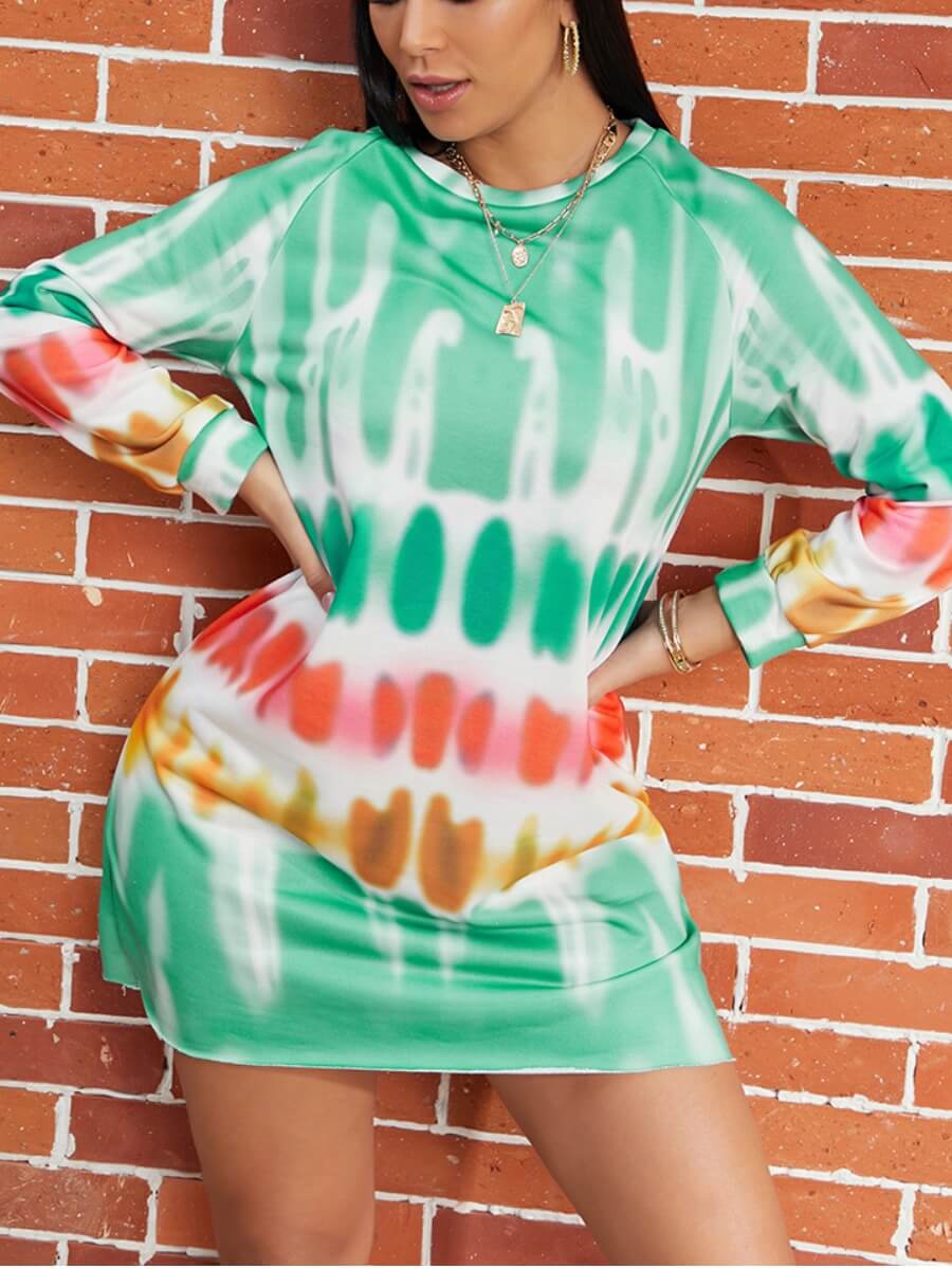 

LW Round Neck Tie-dye Dress, Green