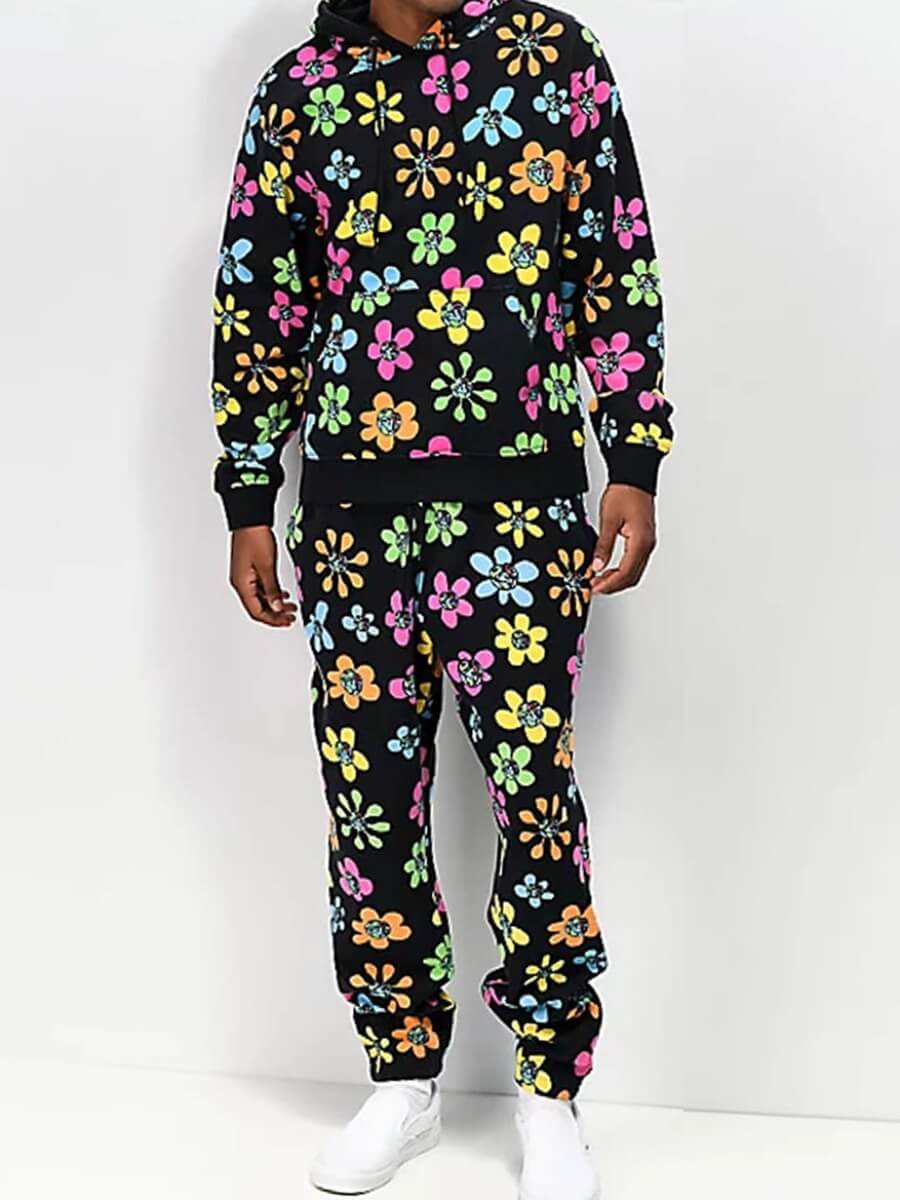 

Lovely Trendy Floral Print Drawstring Black Men Two Piece Pants Set
