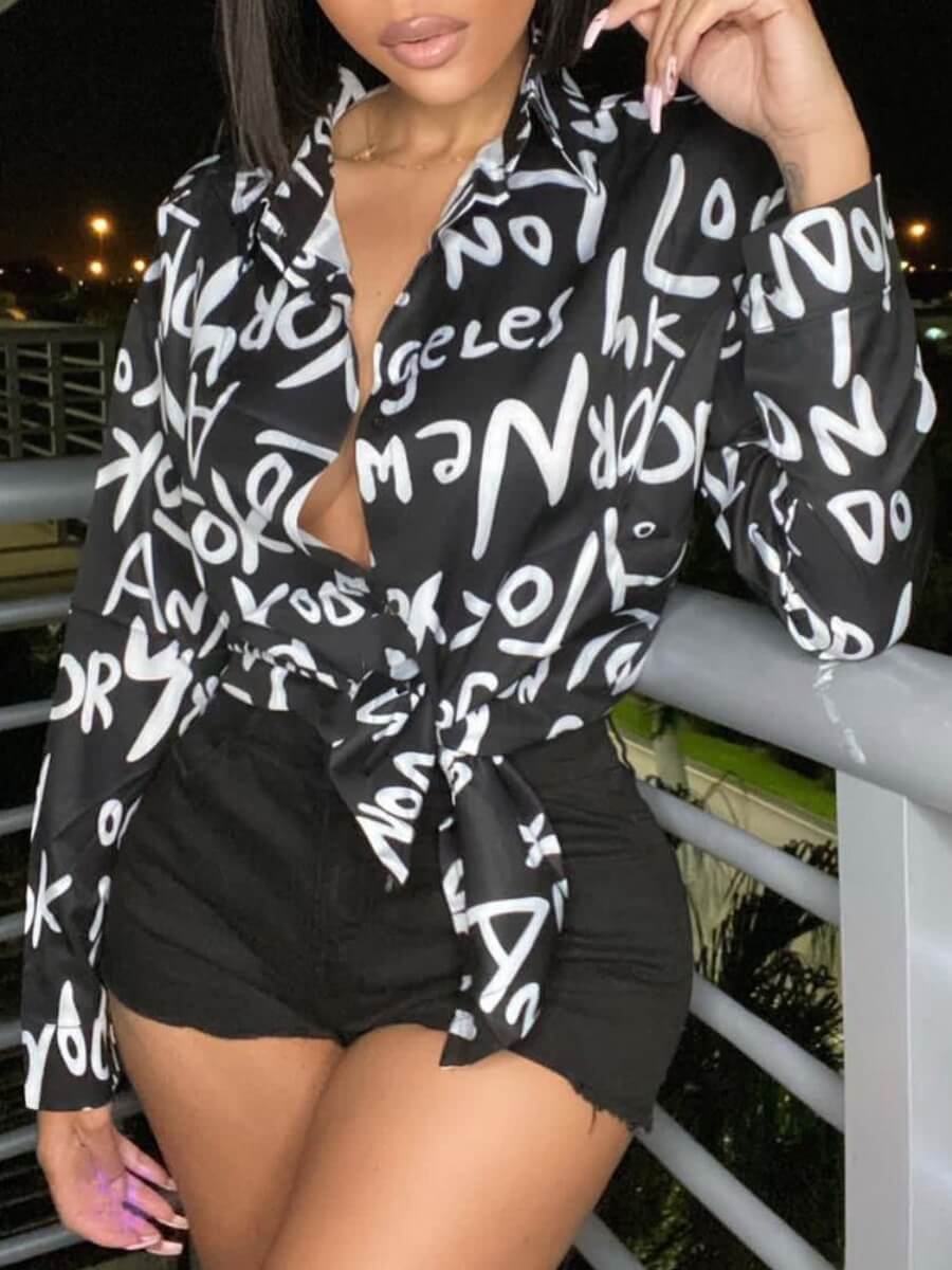 

Lovely Street Letter Print Black Blouse