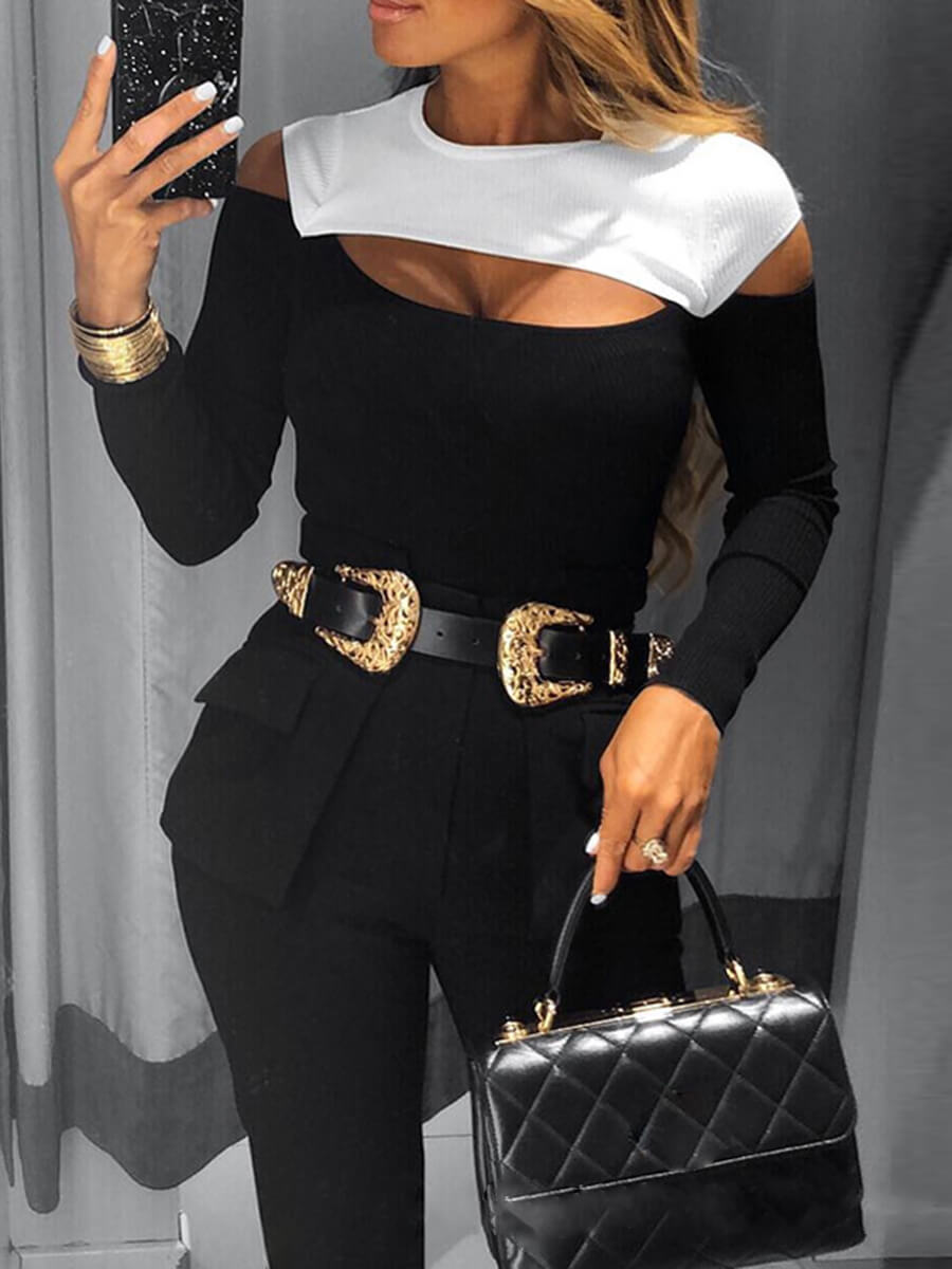 

Lovely Stylish Hollow-out Patchwork Black T-shirt(Without Belt