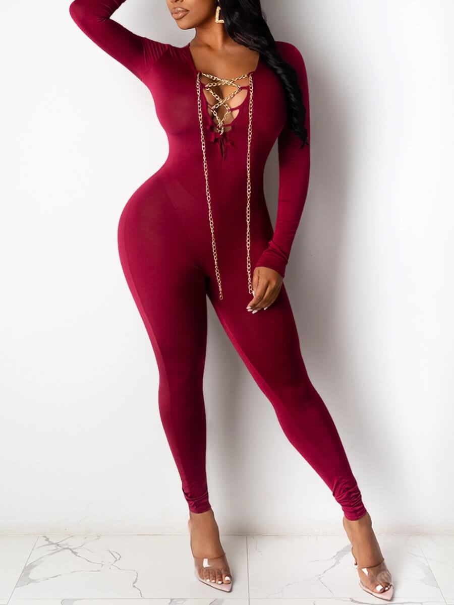 

Lovely Sexy Bandage Hollow-out Design Wine Red One-piece Jumpsuit