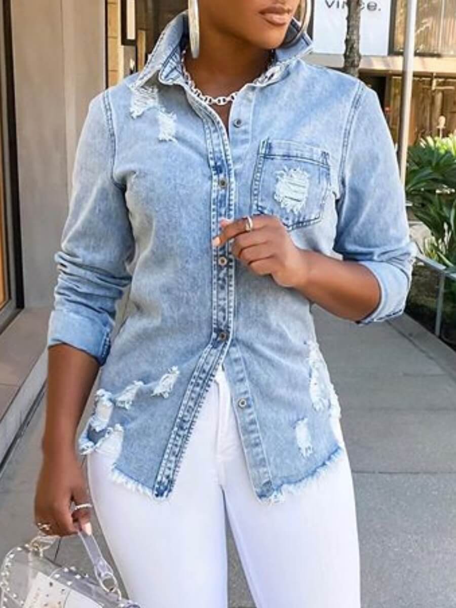 

Lovely Street Broken Holes Raw Edge Baby Blue Denim Jacket