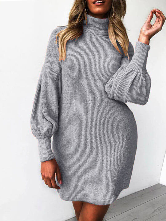 

Lovely Casual Turtleneck Puffed Sleeve Grey Knee Length Plus Size Dress