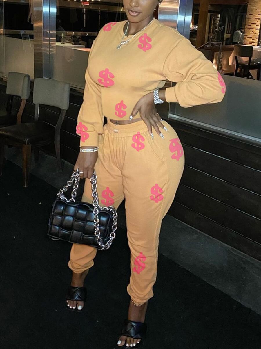 

Lovely Street O Neck Graffiti Print Yellow Two Piece Pants Set