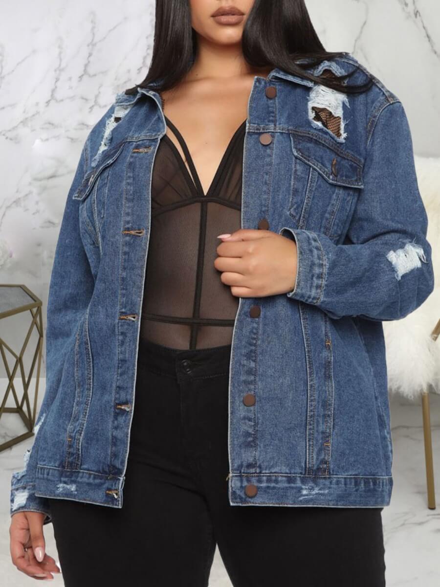 

Lovely Casual Broken Holes Button Design Blue Plus Size Denim Jacket