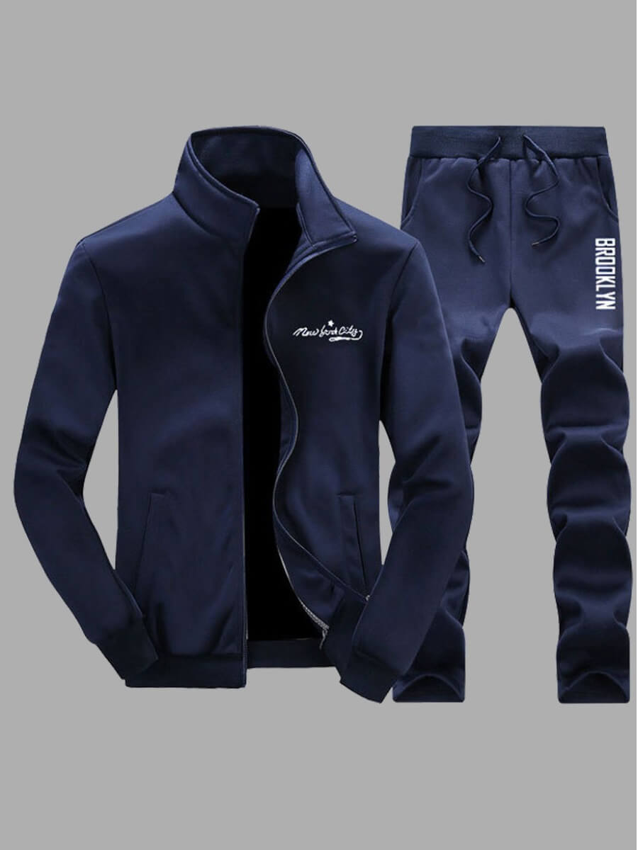 

LW Men Sportswear Letter Print Drawstring Dark Blue Two Piece Pants Set