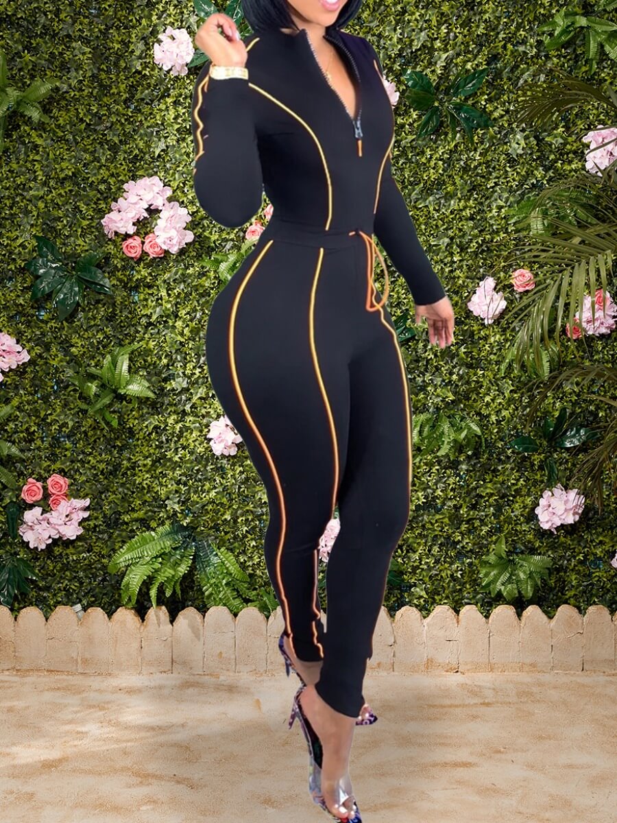

Lovely Sportswear Striped Patchwork Drawstring Black One-piece Jumpsuit