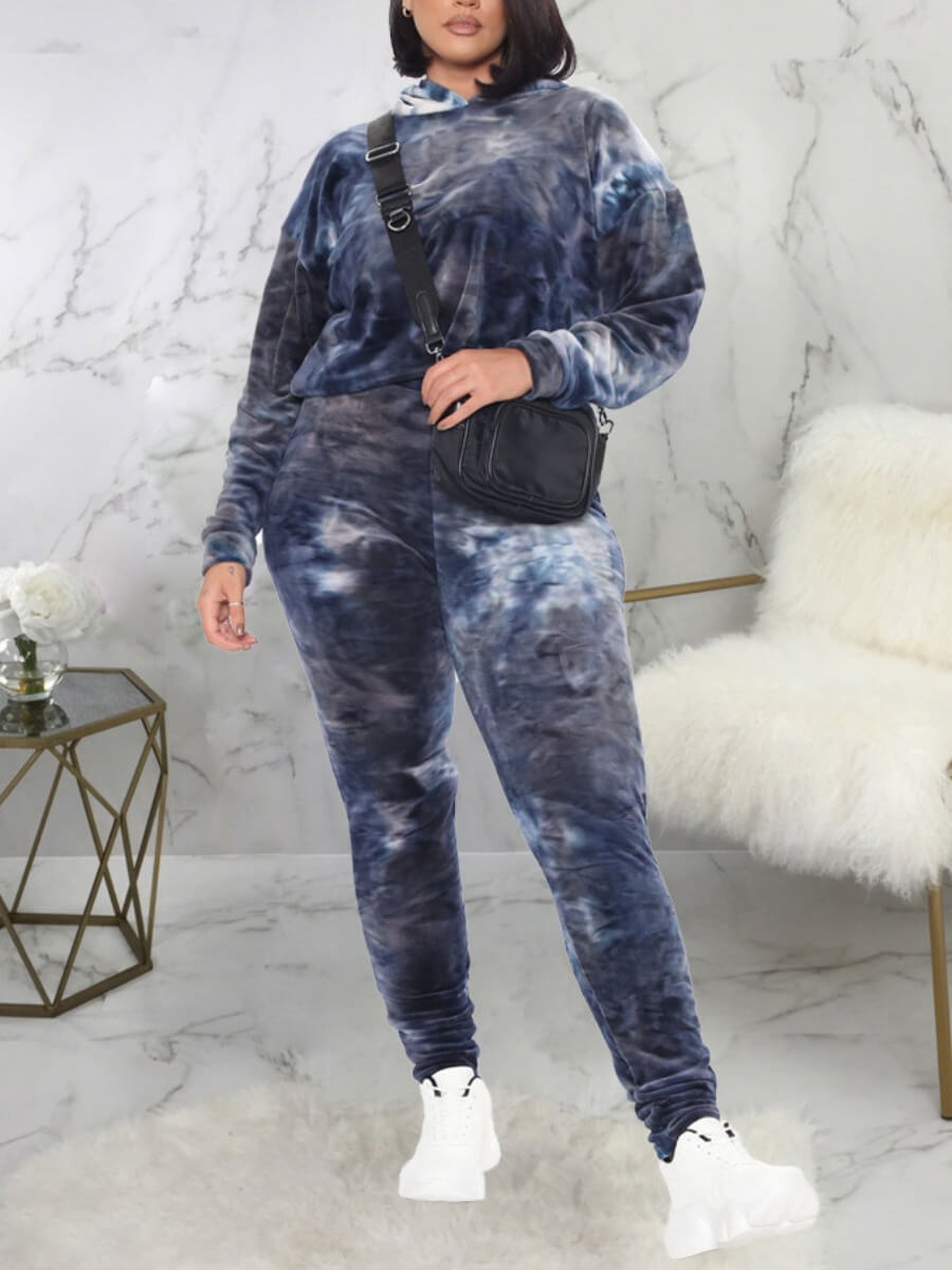 

Lovely Casual Hooded Collar Tie-dye Black Plus Size Two-piece Pants Set