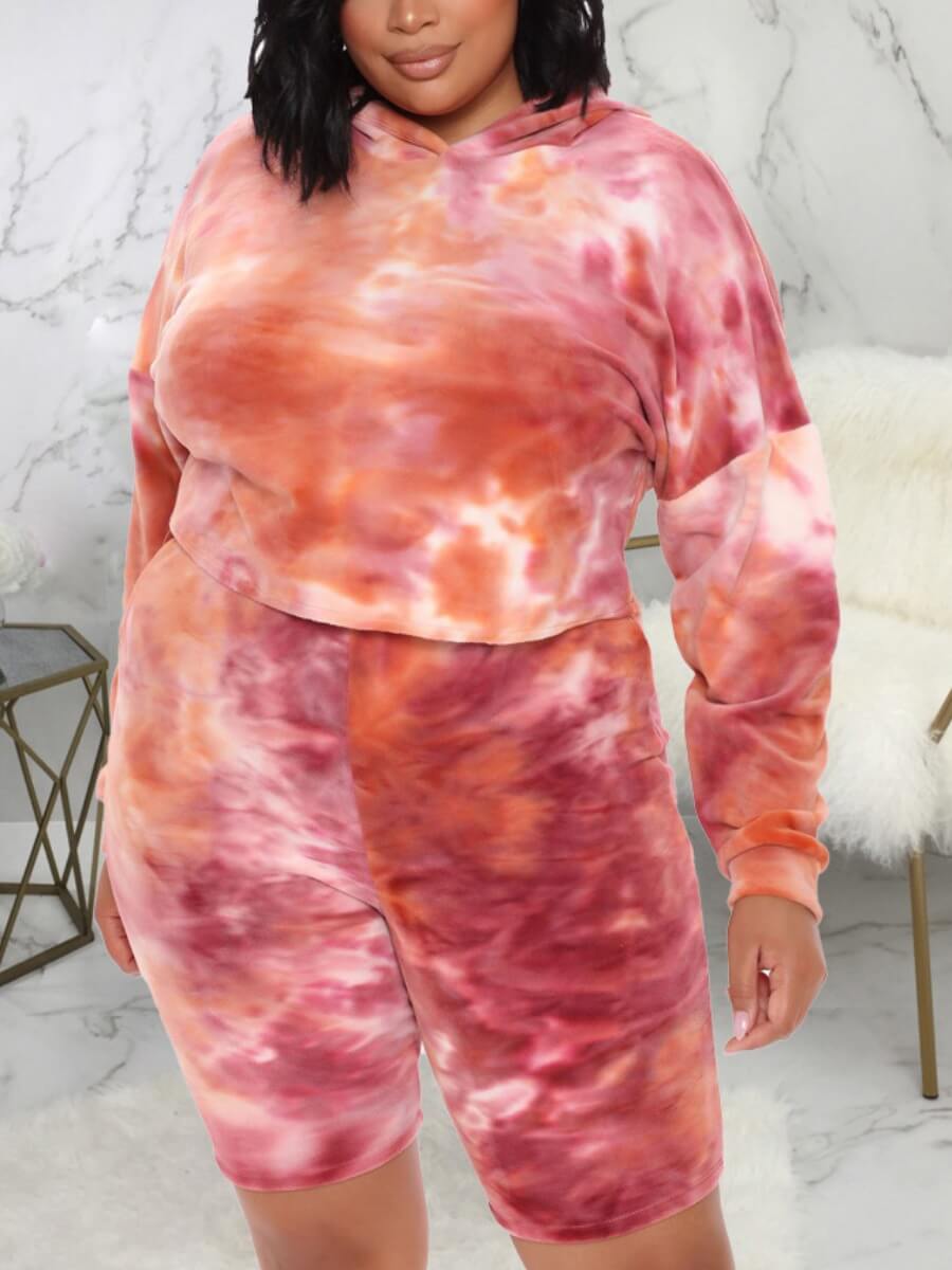 

Lovely Casual Hooded Collar Tie-dye Orange Plus Size Two-piece Shorts Set