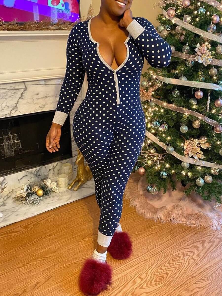 

Lovely Casual V Neck Dot Print Deep Blue Sleepwear