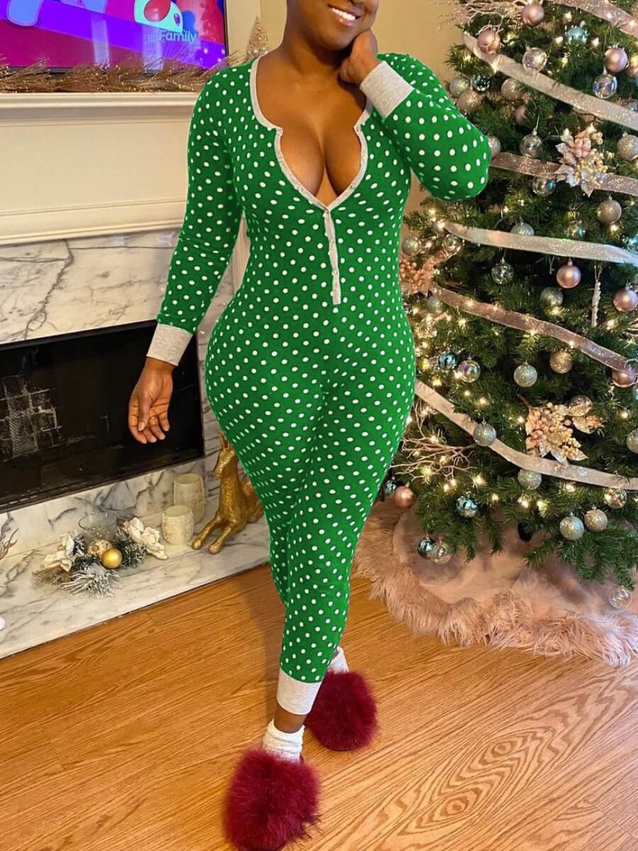 

Lovely Casual V Neck Dot Print Green Sleepwear
