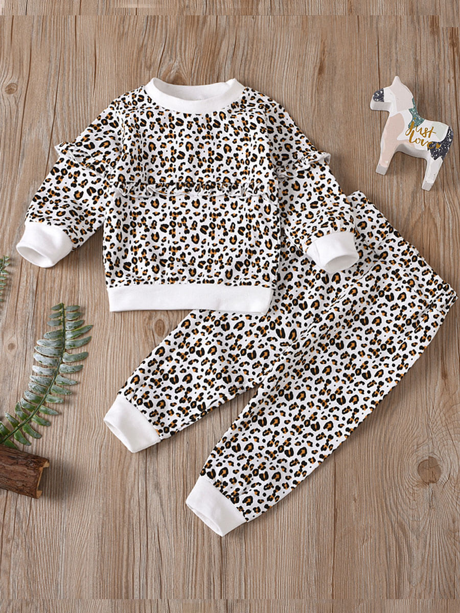 

Lovely Trendy Flounce Leopard Print Patchwork Girl Two Piece Pants Set