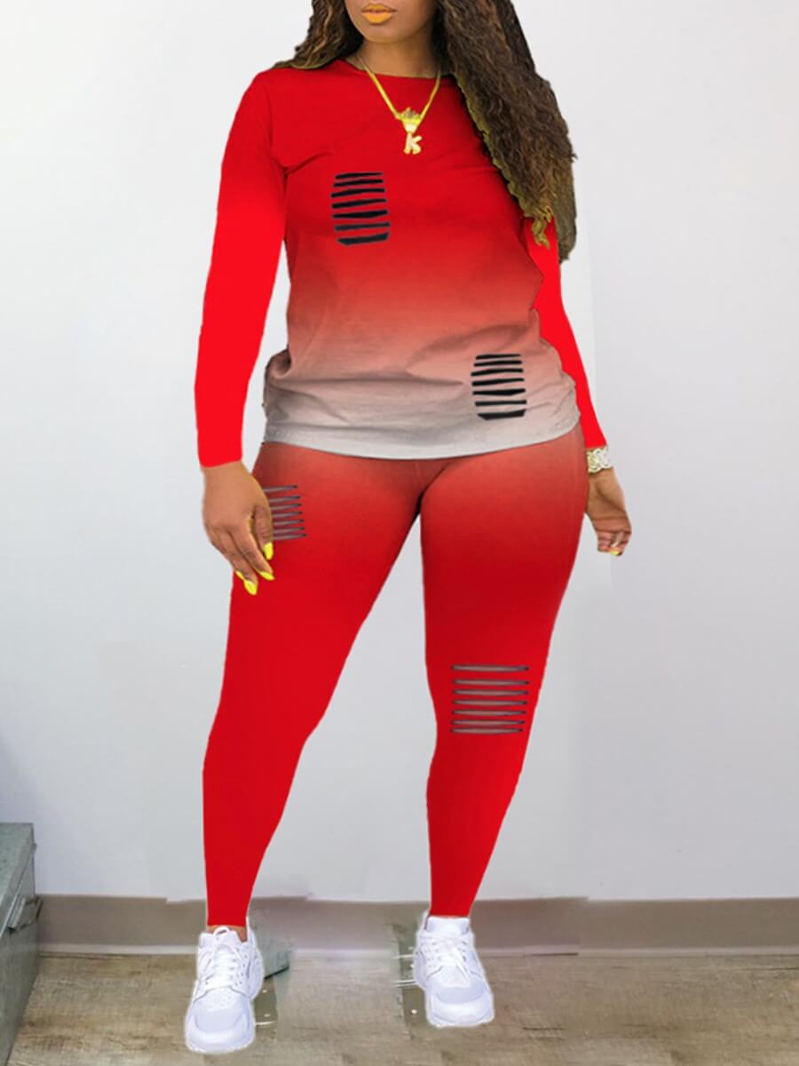 

Lovely Trendy Gradient Ripped Red Plus Size Two-piece Pants Set