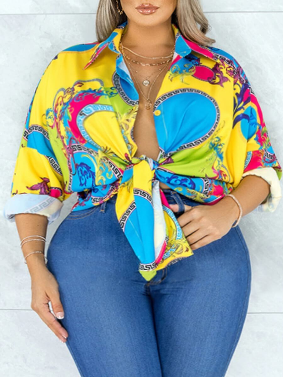 

Lovely Stylish Print Patchwork Multicolor Plus Size Blouse, Multi