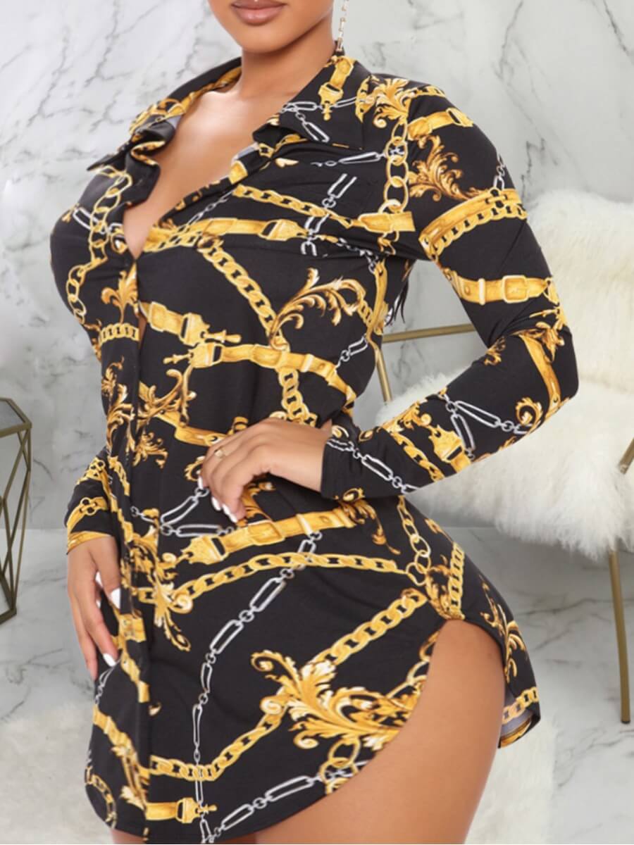 

Lovely Sweet Chain Print Patchwork Multicolor Mini Plus Size Dress, Multi