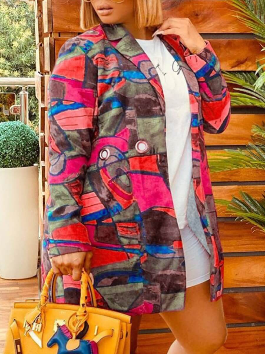 

Lovely Street Turndown Collar Print Rose Red Plus Size Coat