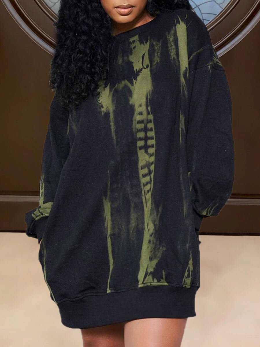 

Lovely Casual Tie-dye Pocket Design Loose Black Mini Dress