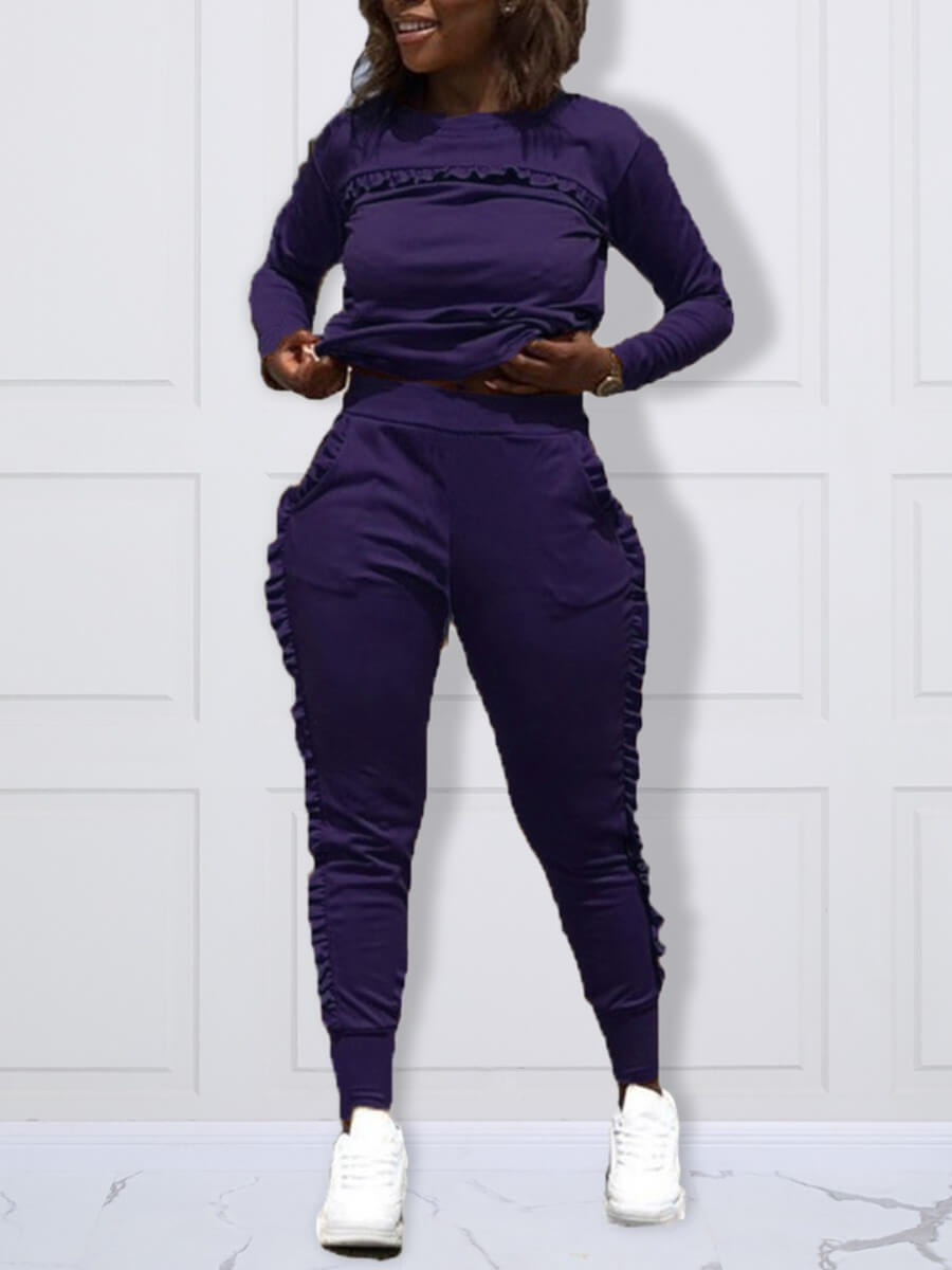 

Lovely Casual O Neck Patchwork Purple Plus Size Two-piece Pants Set