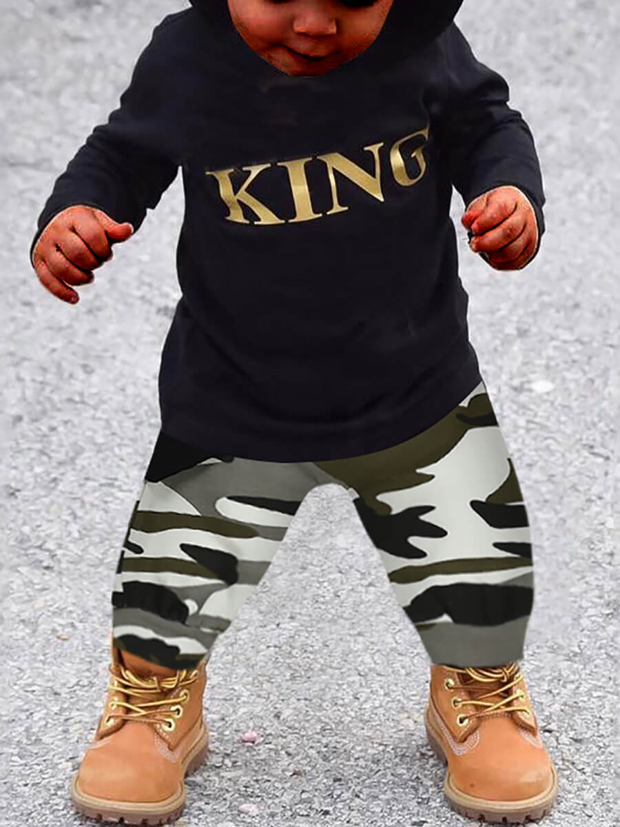 

Lovely Sportswear Hooded Collar Camo Print Boy Two Piece Pants Set