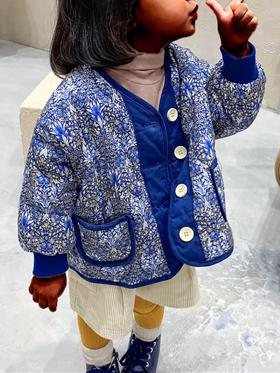 

Lovely Casual Floral Print Patchwork Blue Girl Parka