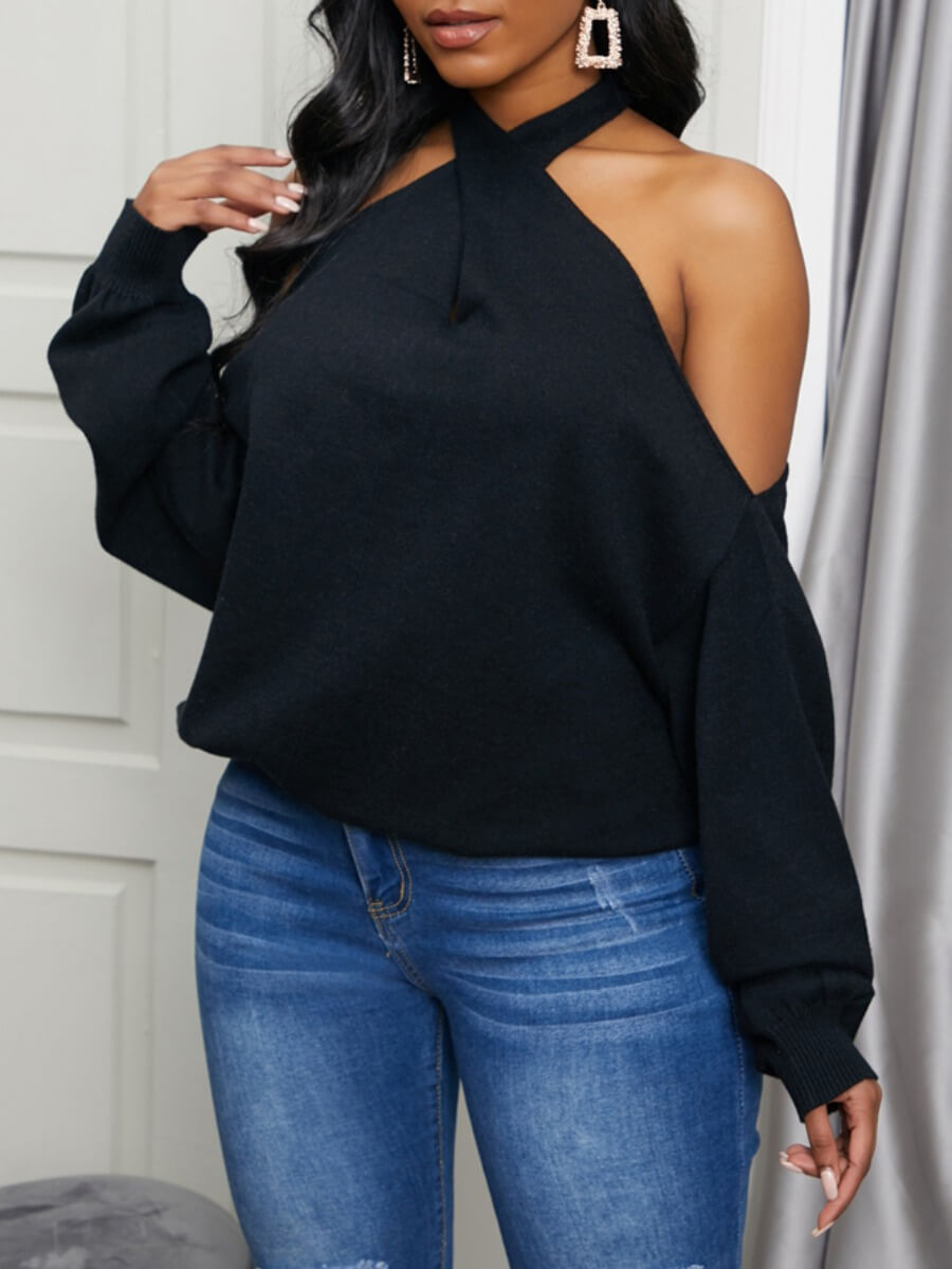 

Lovely Cross-over Design Black Sweater