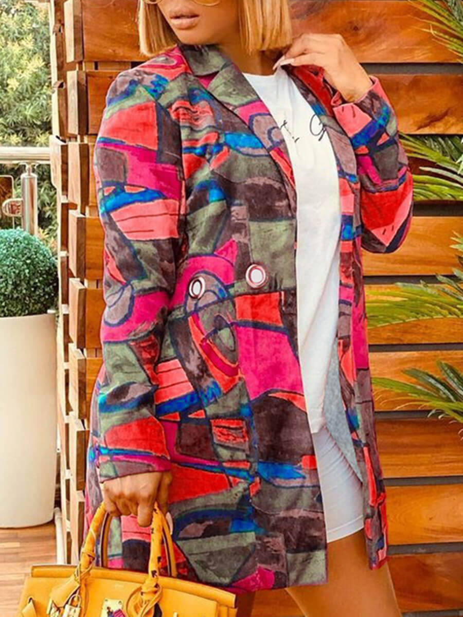 

Lovely Street Turndown Collar Print Rose Red Coat