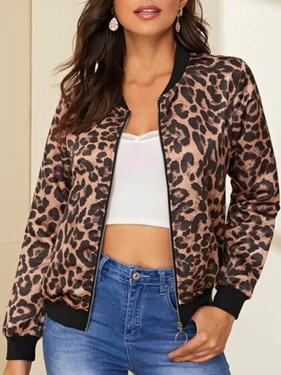 

Lovely Casual Leopard Print Zipper Design Black Jacket
