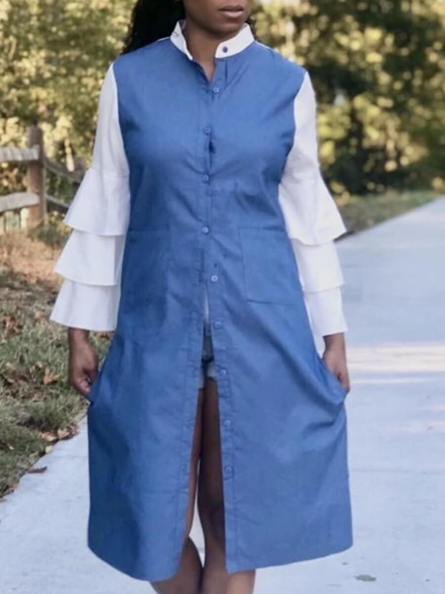 

Lovely Casual Patchwork Ruffle Design Blue Length Dress