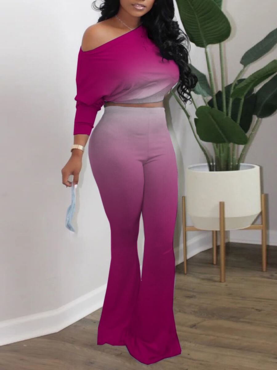 

Lovely Casual One Shoulder Gradient Rose Red Two Piece Pants Set