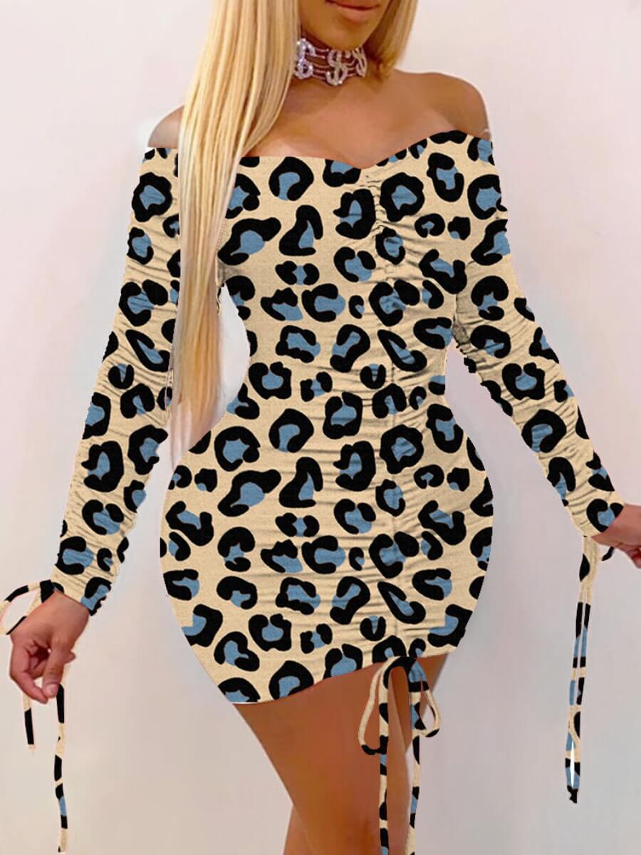 

Lovely Casual Off The Shoulder Leopard Print Blue Mini Dress