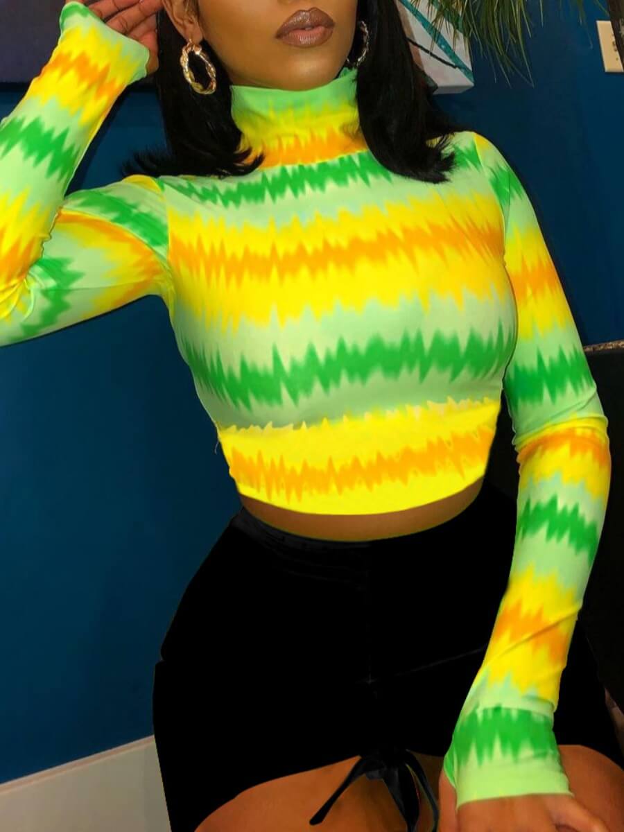 

Lovely Street Turtleneck Tie-dye Patchwork Green T-shirt