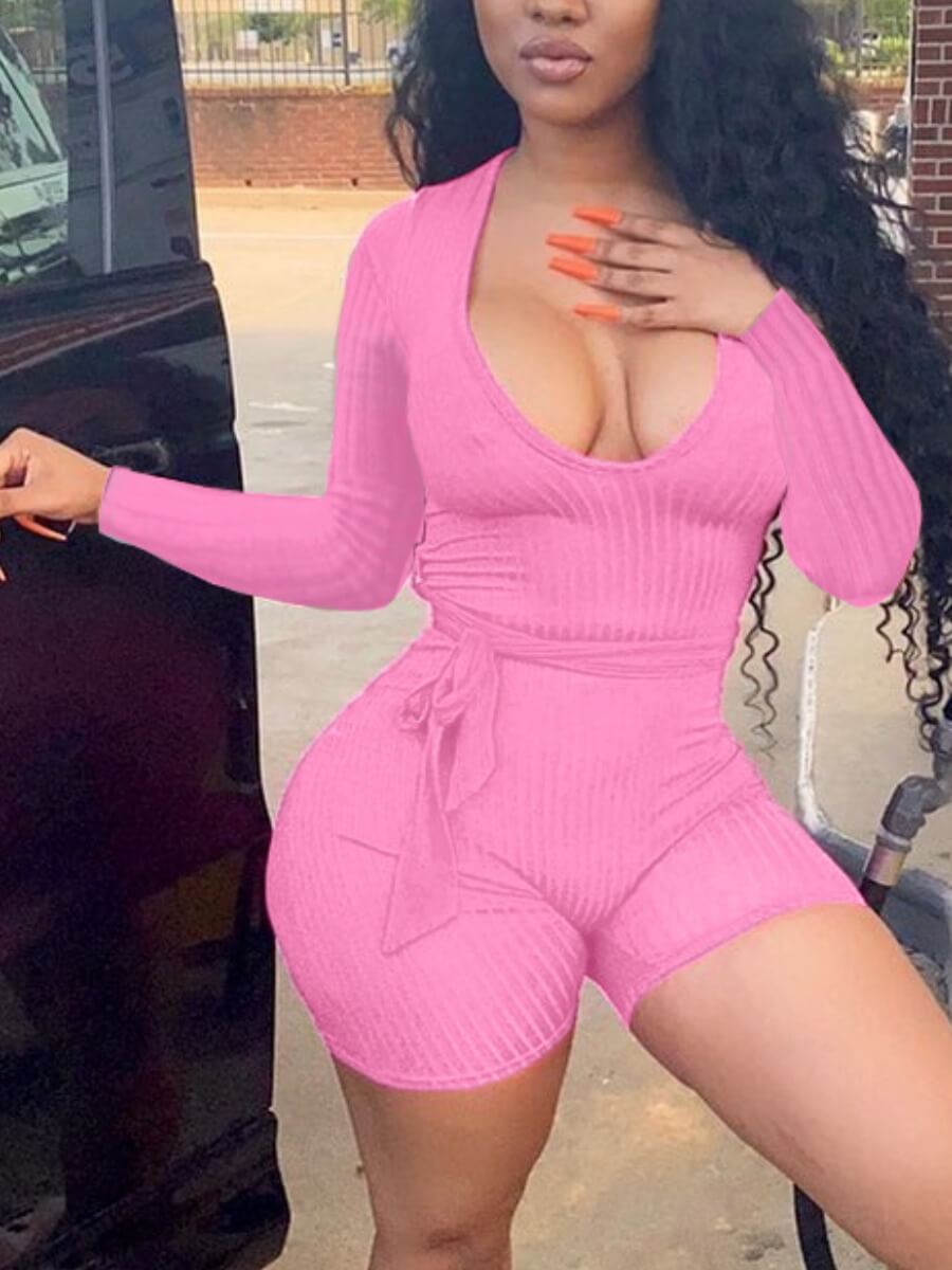

Lovely Chic V Neck Lace-up Pink One-piece Romper