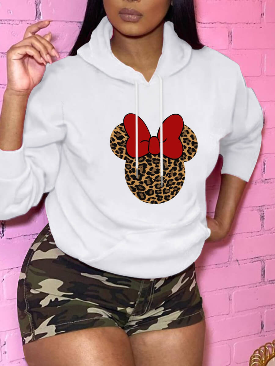 

Lovely Casual Hooded Collar Cartoon Print White Hoodie