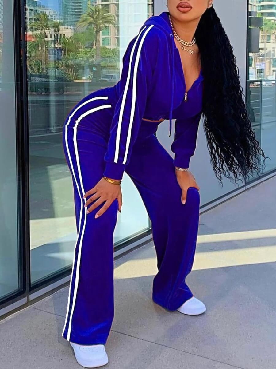 

Lovely Sportswear Hooded Collar Patchwork Royalblue Two Piece Pants Set
