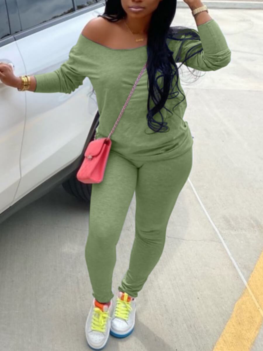 

Lovely Casual One Shoulder Green Two Piece Pants Set