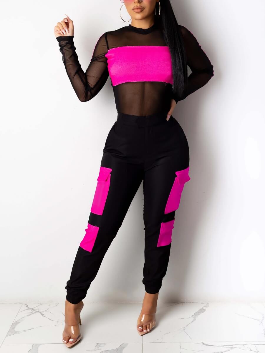 

Lovely Casual O Neck Mesh Patchwork Rose Red Two Piece Pants Set