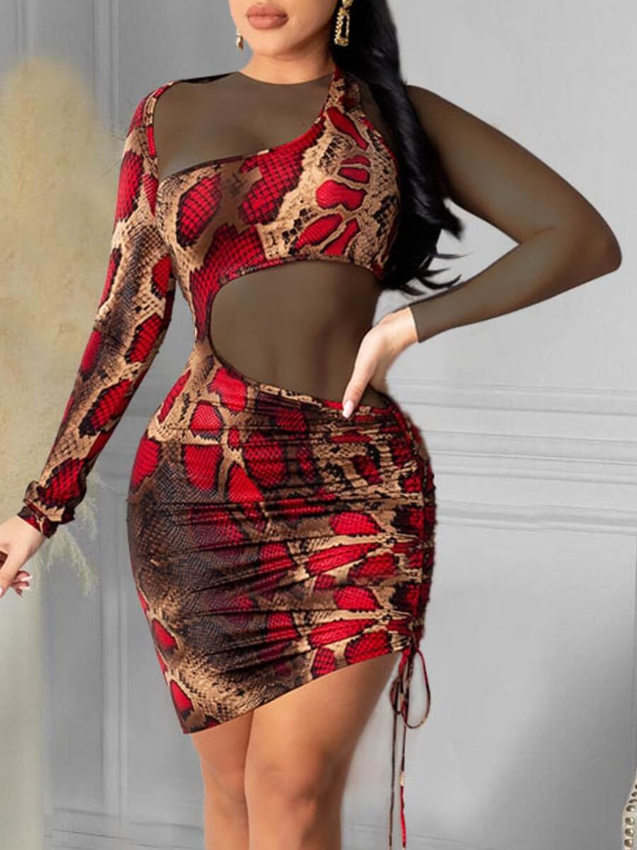 

Lovely Party Snake Print Drawstring Red Knee Length Dress