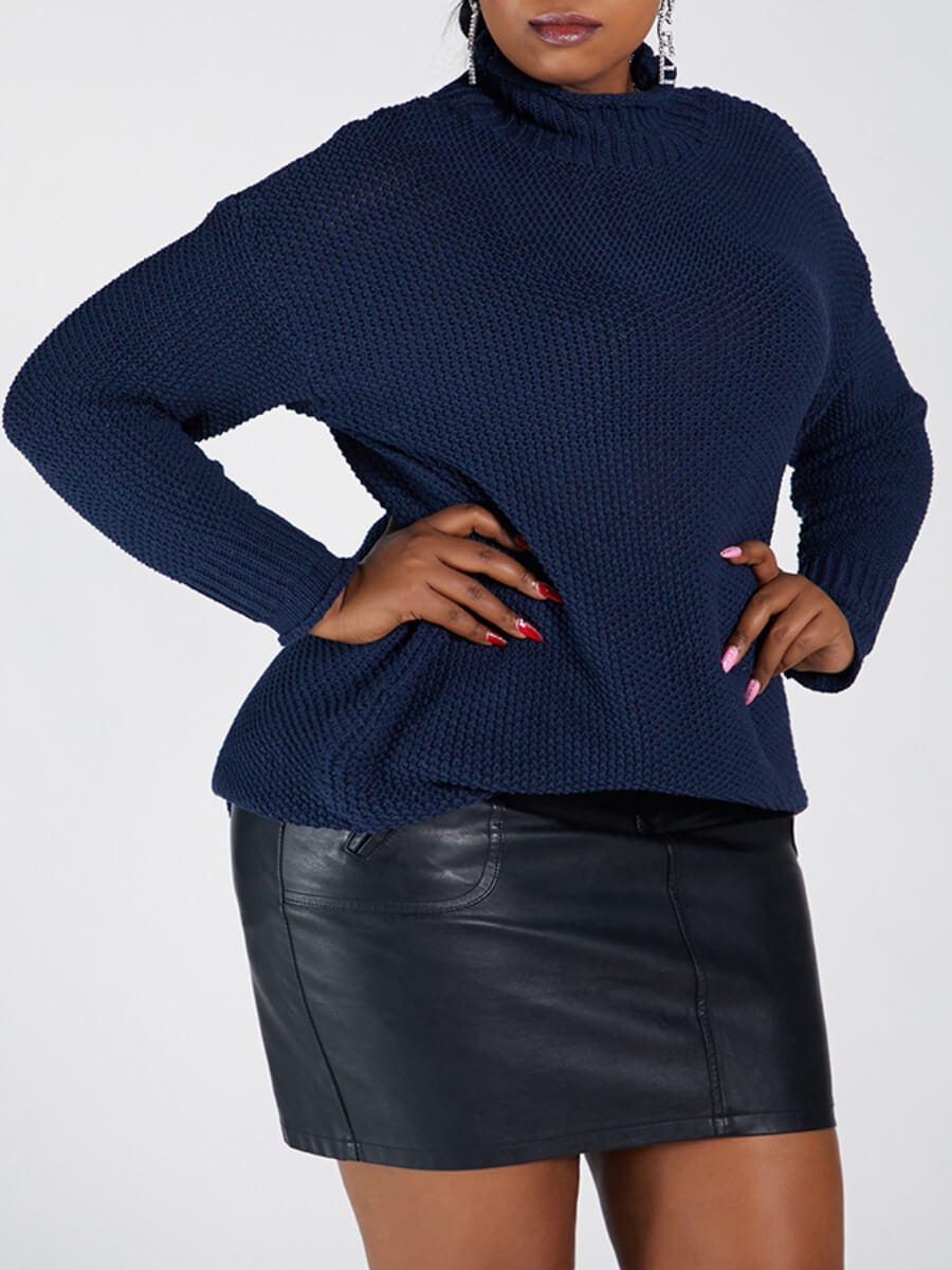 

Lovely Casual Turtleneck Basic Loose Dark Blue Plus Size Sweater