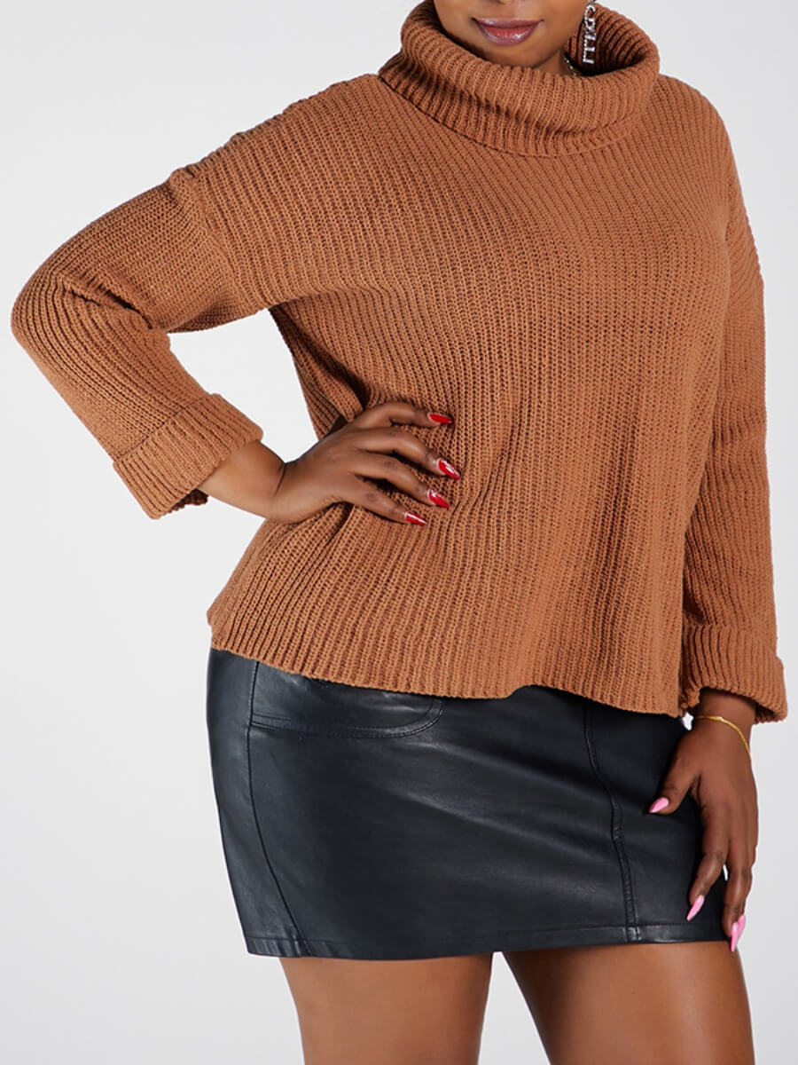 

Lovely Casual Turtleneck Dropped Shoulder Loose Brown Plus Size Sweater