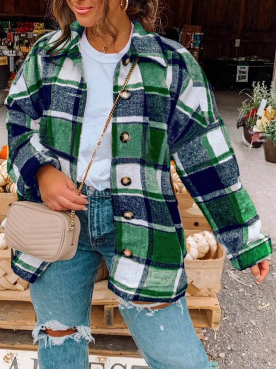 

Lovely Casual Plaid Print Patchwork Green Plus Size Blouse