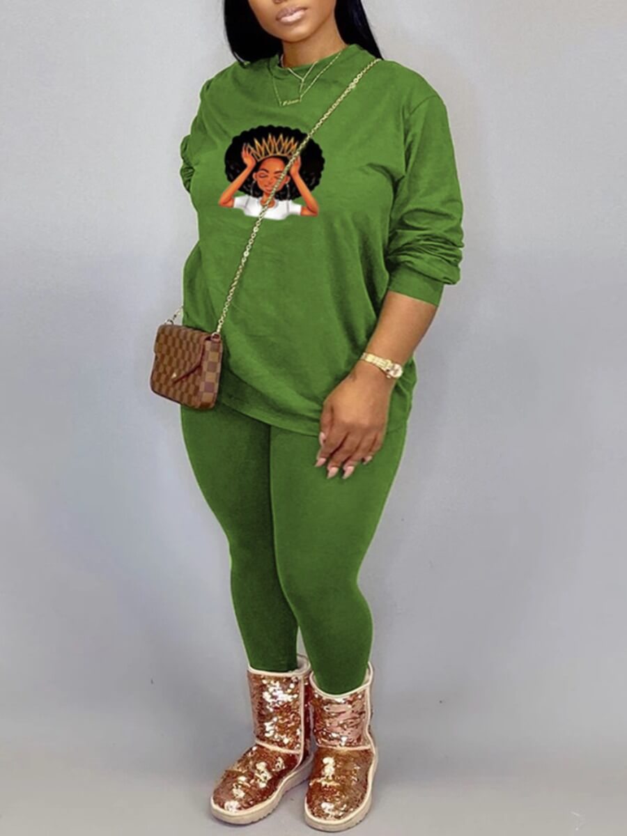 

Lovely Casual O Neck Graffiti Print Green Plus Size Two-piece Pants Set