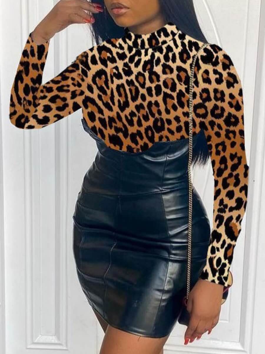 

Lovely Chic Half A Turtleneck Animal Print Patchwork Brown Mini Dress