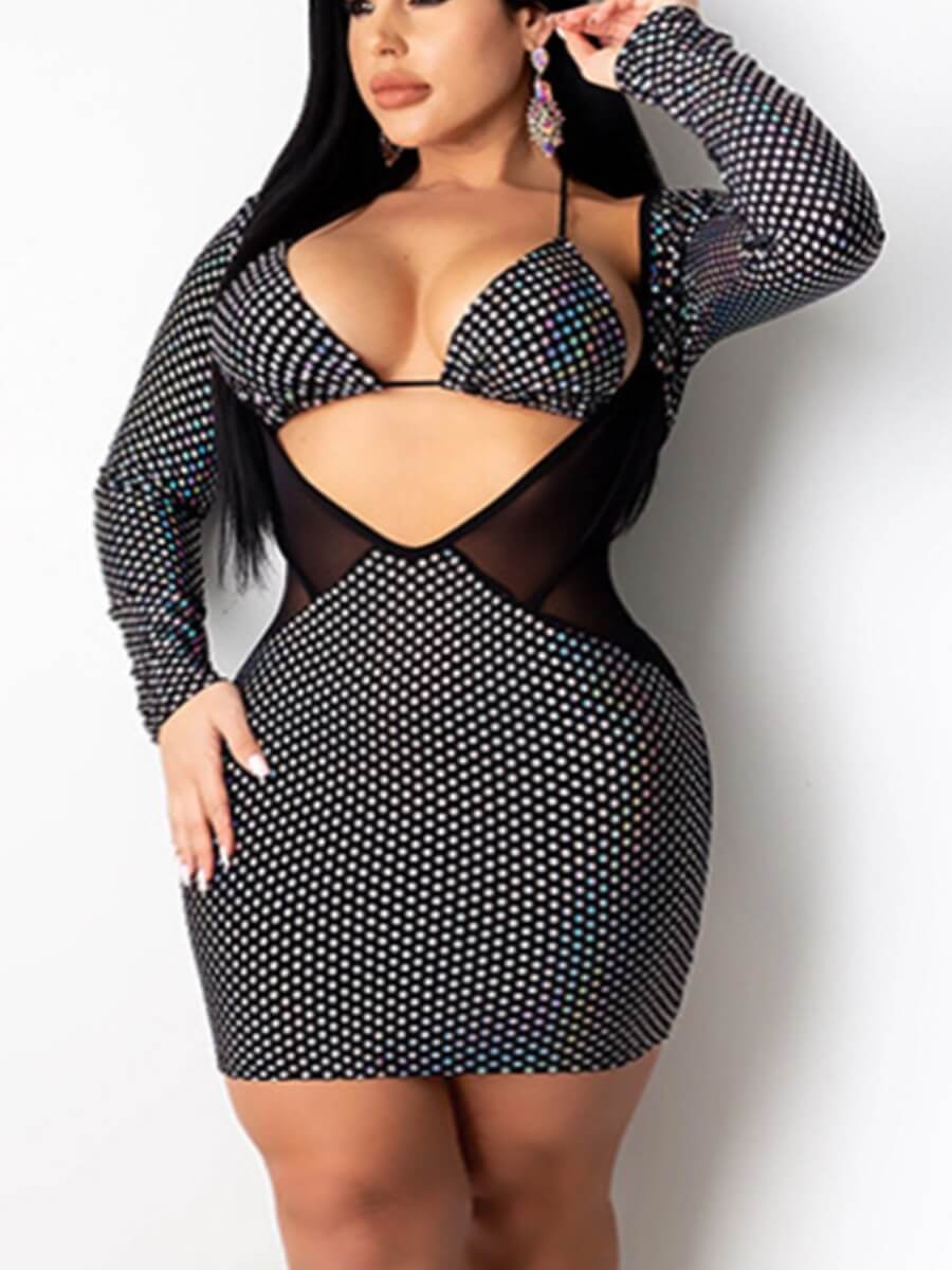 

Lovely Sexy Sequined Mesh Patchwork Black Mini Plus Size Dress