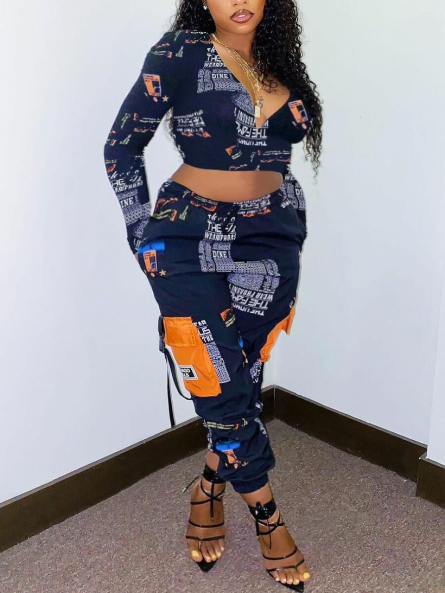 

Lovely Street Letter Print Side Pocket Black Two Piece Pants Set