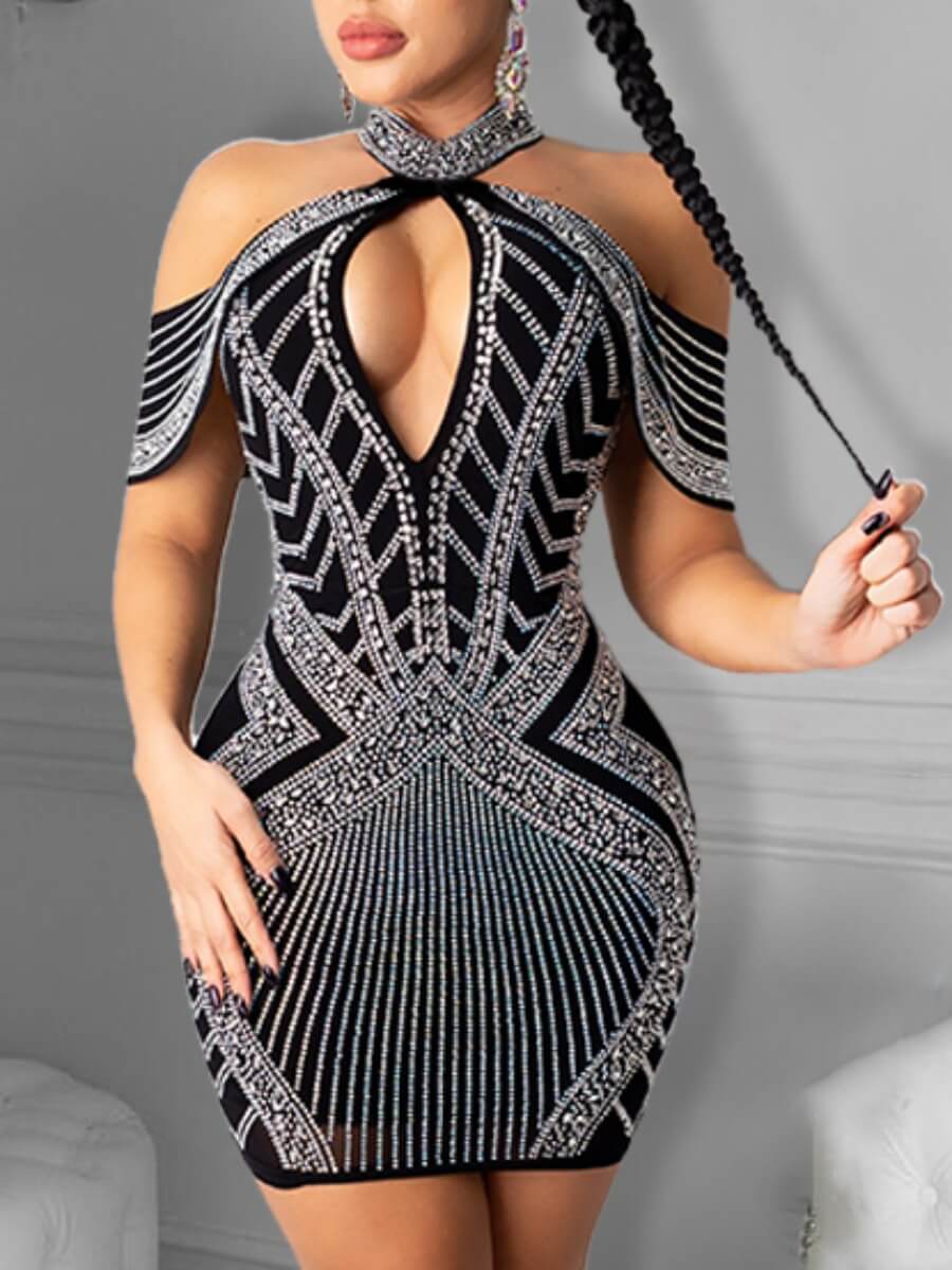 

Lovely Sexy Off The Shoulder Sequined Geometric Print Black Mini Evening Dress