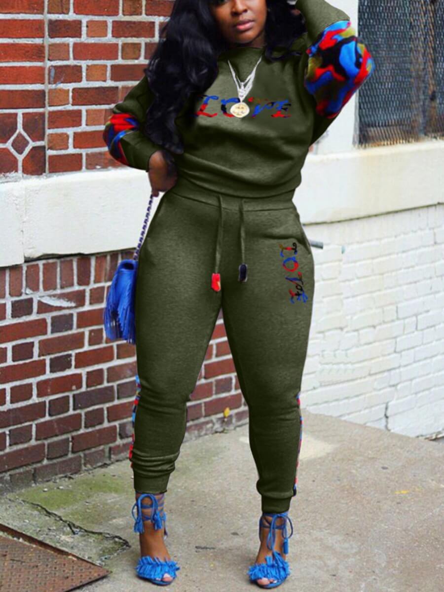 

Lovely Casual Letter Print Patchwork Drawstring Army Green Plus Size Two-piece Pants Set