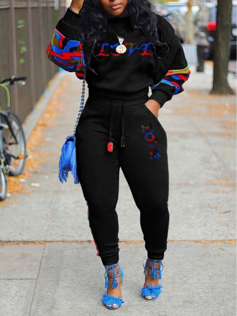 

Lovely Casual Letter Print Patchwork Drawstring Black Plus Size Two-piece Pants Set
