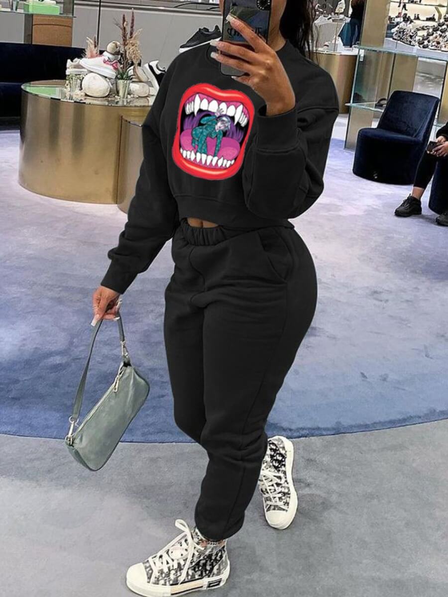 

Lovely Street O Neck Lip Print Black Two Piece Pants Set
