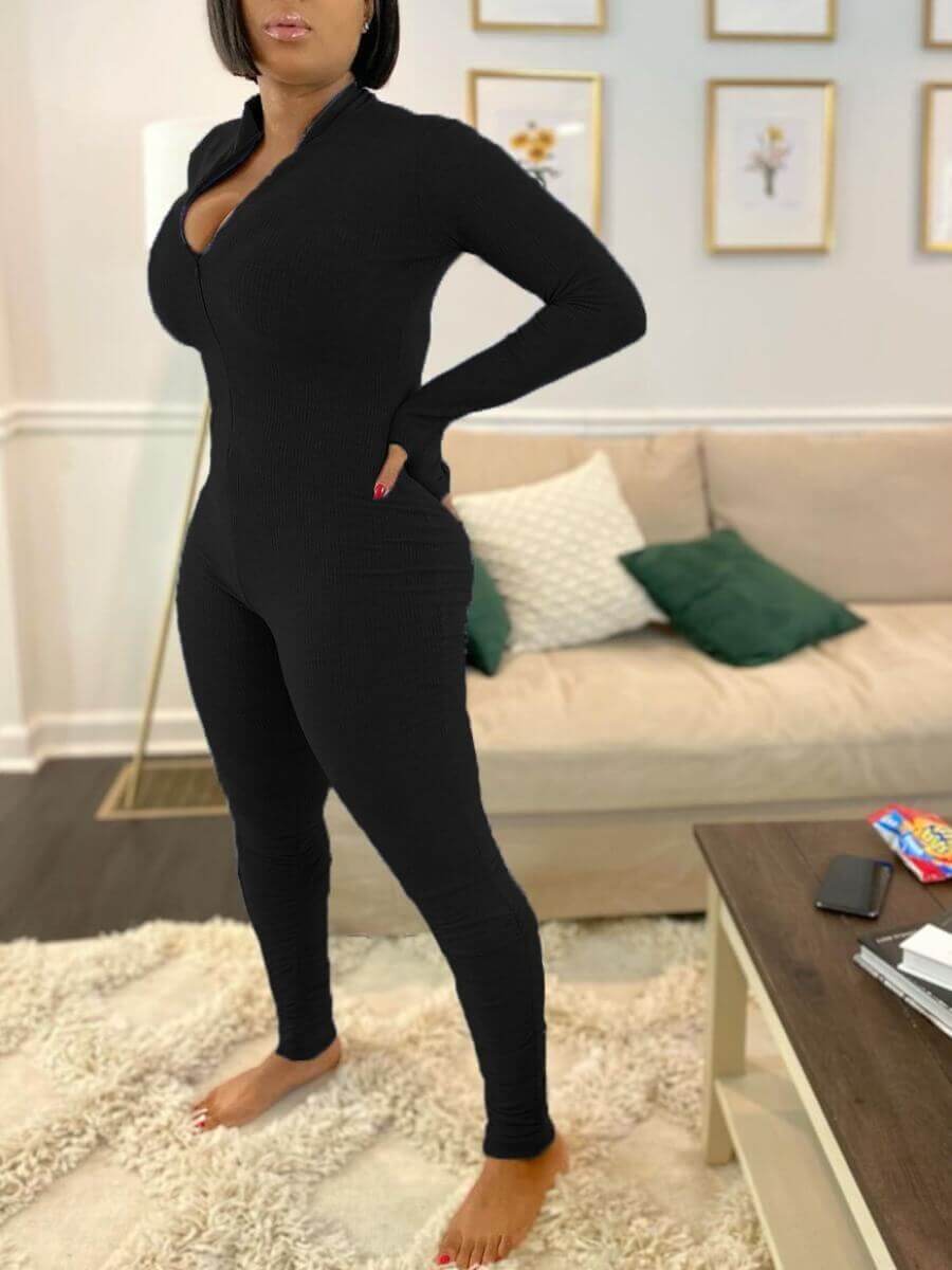 

Lovely Casual V Neck Basic Skinny Black One-piece Jumpsuit