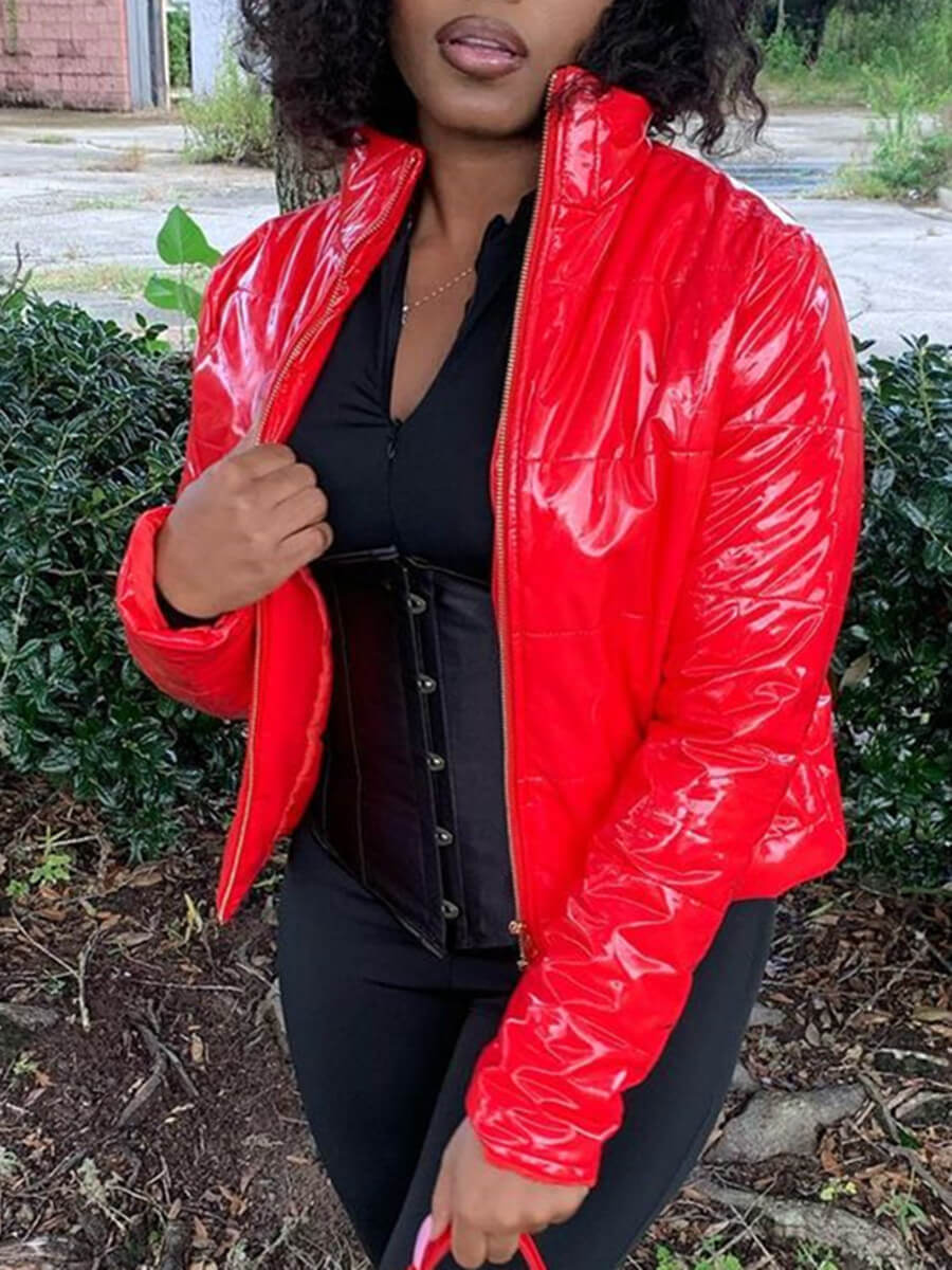 

Lovely Casual Mandarin Collar Zipper Design Red Parka